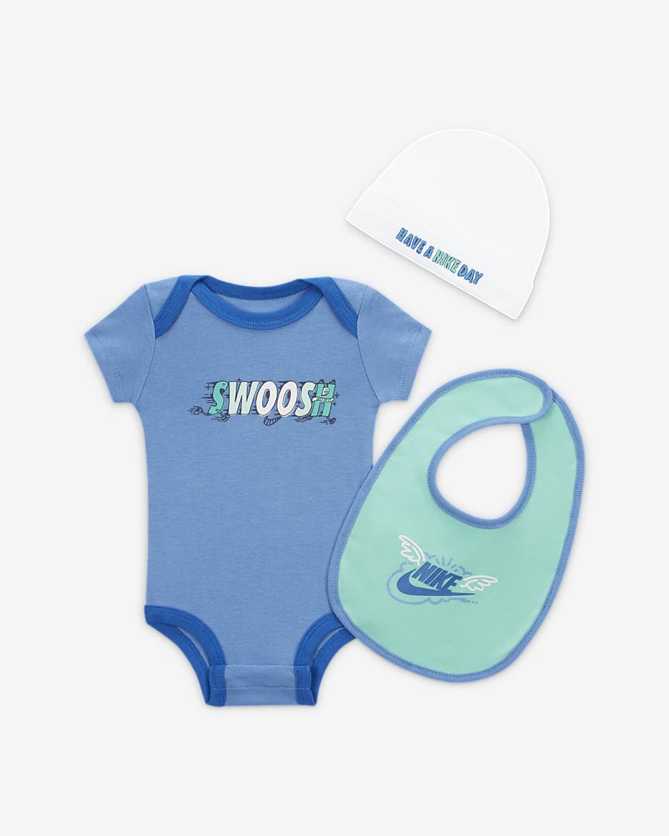 Nike Art of Play 3 Piece Boxed Set Baby 3 Piece Bodysuit Set. Nike